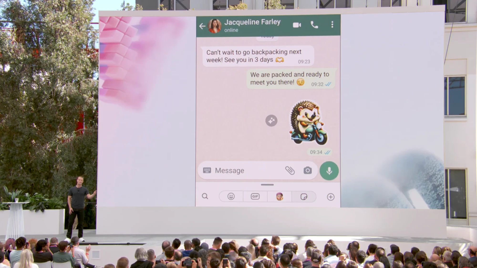 Mark Zuckerberg presenting WhatsApp AI stickers on stage at Meta Connect 2023